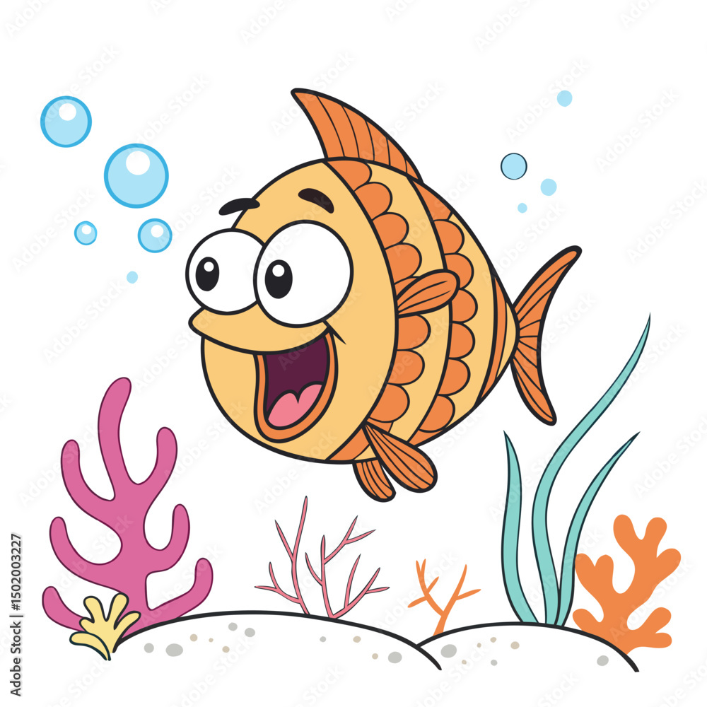 Obraz premium A Happy Fish Swimming Amongst Coral and Seaweed in the Ocean 