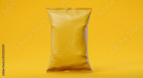 Yellow Potato Chips Bag with Crispy Chips on Yellow Background, Potato Chips Packaging, Snack Food Flat Lay