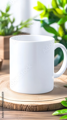 Wallpaper Mural A plain white coffee mug sits on a wooden coaster, surrounded by lush green foliage, bathed in soft light Torontodigital.ca
