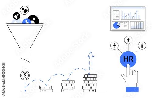 Funnel filtering candidates, coin stacks rising to graph, HR button with hand, analytics dashboard. Ideal for human resources, hiring process, recruitment strategy, data analysis, workforce