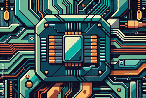 Colorful vector illustration of a detailed circuit board featuring a central processing unit and interconnected electronic components