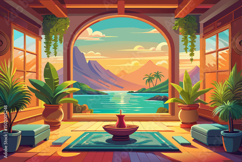 Amazing and clean interior virtual background vector or backdrop for a yoga and meditation room, featuring a serene and calm natural organic scenic view of the ocean sea through a window background