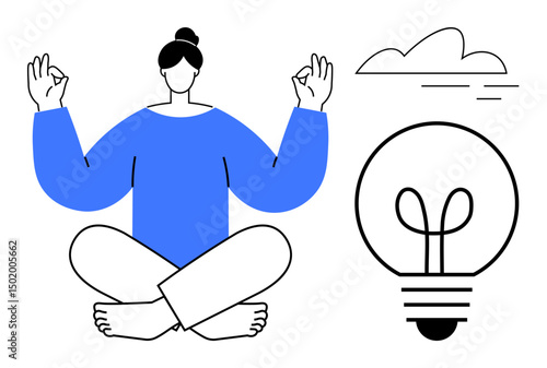 Calm figure meditating in lotus pose, light bulb symbolizing ideas, and cloud for thoughts. Ideal for mindfulness, creativity, balance, focus, problem-solving innovation inspiration. Flat simple