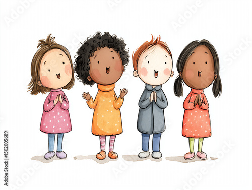 Four children happily clapping while singing together in colorful outfits - Concept of Juneteenth  