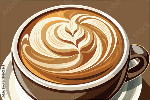 Coffee cup with intricate latte art featuring swirls and leaf design on a warm brown background inviting cozy moments at a coffee shop