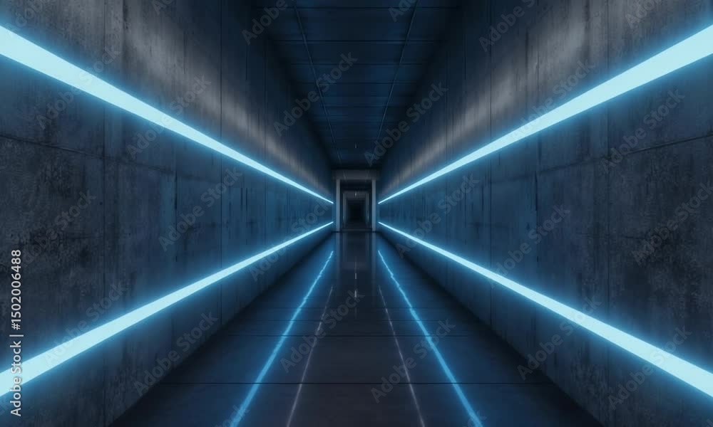 Futuristic concrete tunnel illuminated by blue neon lights. Futuristic concrete tunnel illuminated by blue neon lights.