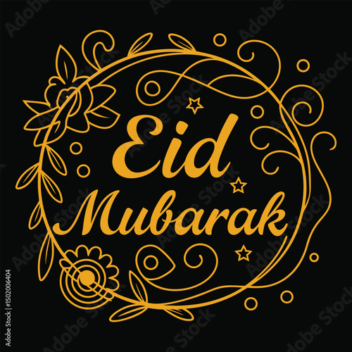 Eid Mubarak greeting design with golden ornaments and swirls