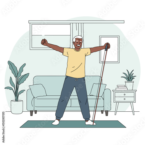 Elderly man exercising with a cane in a bright living room  