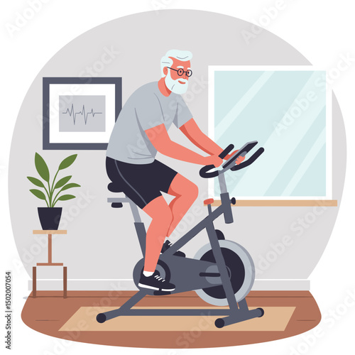 Elderly man exercising on stationary bike in modern home gym  