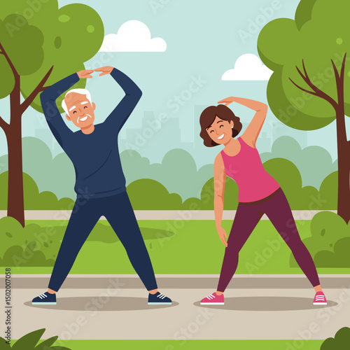 Elderly man and young woman stretching together in a green park  