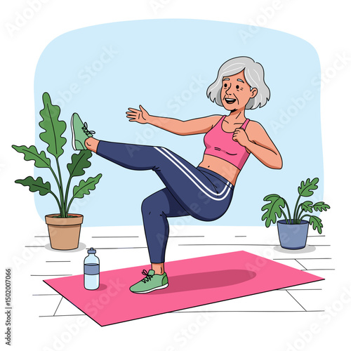 Elderly woman exercising on yoga mat at home surrounded by plants  