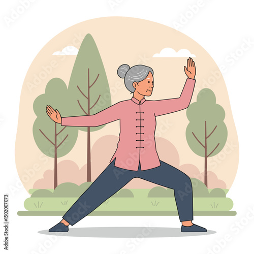 Elderly woman practicing tai chi outdoors in a serene park setting  