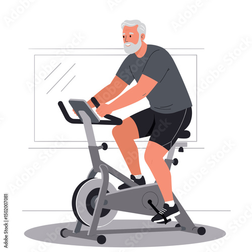 Senior man exercising on stationary bike indoors by a window  
