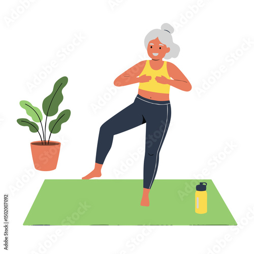 Senior woman exercising on yoga mat at home with plants  
