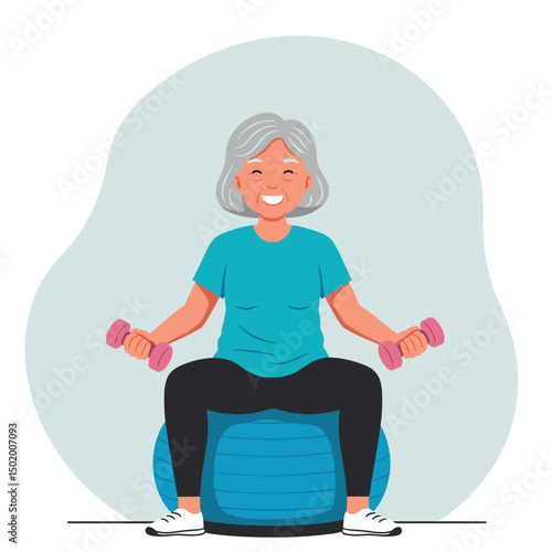 Elderly woman exercising with dumbbells while sitting on stability ball  