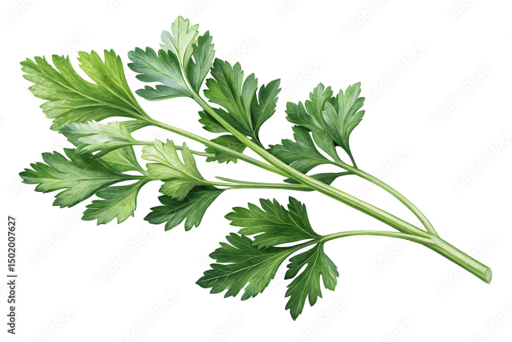 A beautifully illustrated parsley sprig showcasing vibrant green leaves against a deep black background A beautifully illustrated parsley sprig showcasing vibrant green leaves against a deep black background