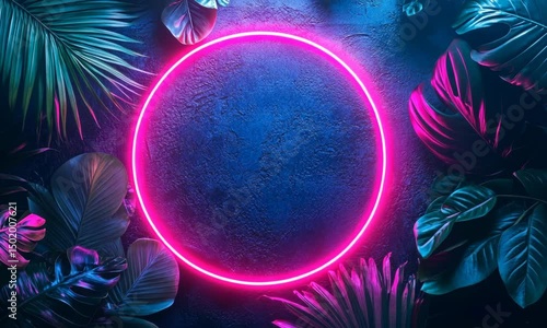 Neon pink circle frame surrounded by tropical leaves.