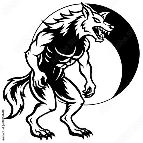 Minimal Werewolf Howling at Moon – Vector on White