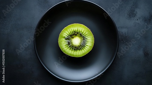Half of a kiwi fruit on a black plate