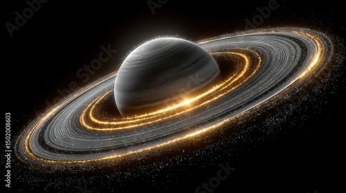   An artistically rendered image of a ringed planet featuring a prominent star in the foreground and a faint object in the distance