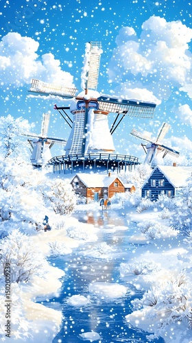 A picturesque winter scene featuring three snow-covered windmills, quaint houses, and a frozen stream, set against a bright blue sky dusted with falling snow