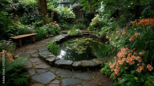   Garden with pond, bench & flowers; surrounded by greenery, gazebo in background