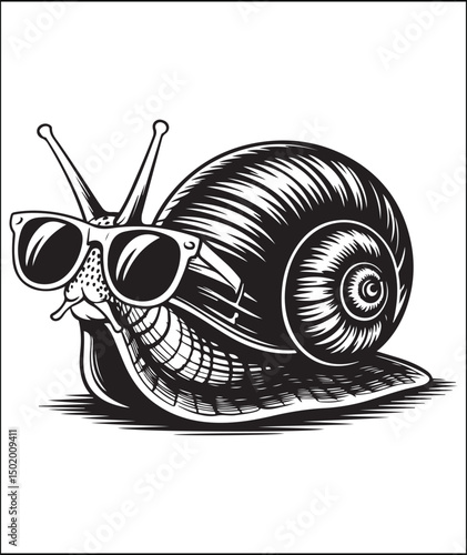 Cool Snail Wearing Sunglasses Black and White Illustration