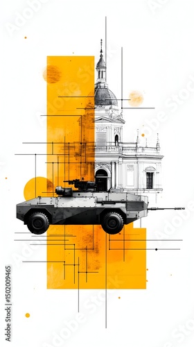 Abstract grayscale armored vehicle before a classical building, overlaid with orange watercolor and geometric lines