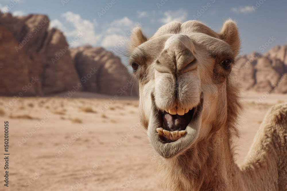 Obraz premium Close up of a dromedary camel showing its teeth with the Wadi Rum desert landscape in the background