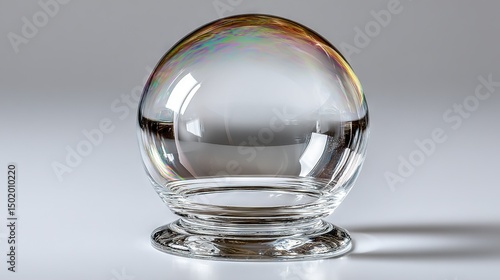   A transparent vase rests atop a white table, casting a shadow against a white wall
