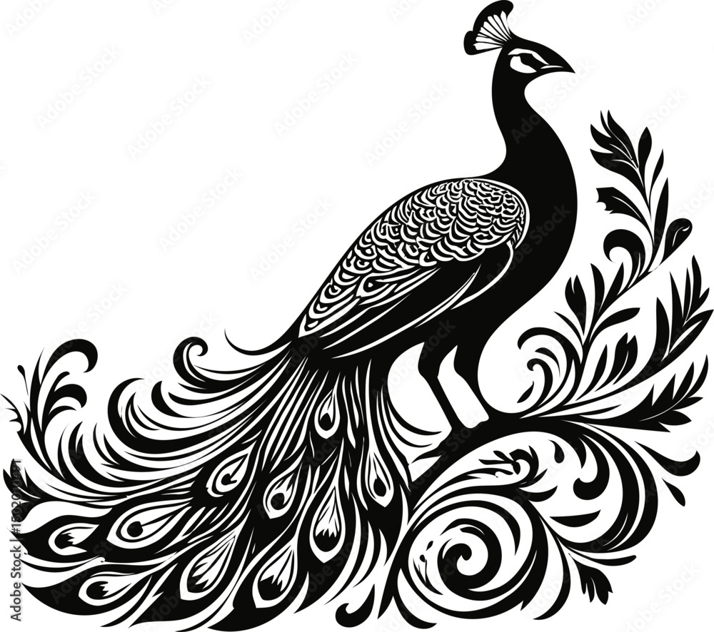 Fototapeta premium Elegant peacock silhouette vector art isolated on white background