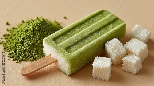   A popsicle filled with green and white marshmallows, alongside a mound of powdered sugar cubes