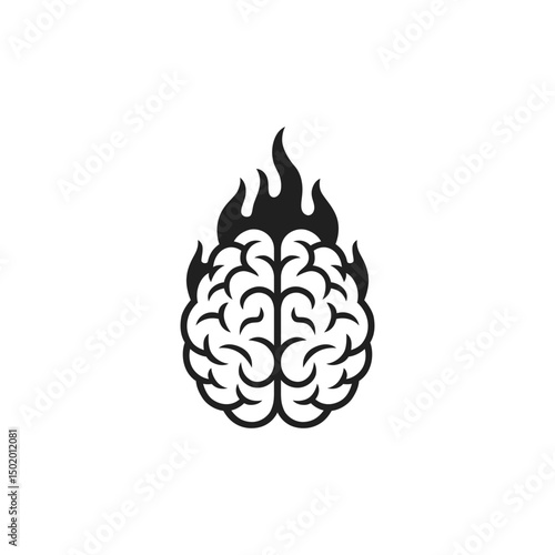 minimalist black and white icon depicting a stylized human brain engulfed in flames