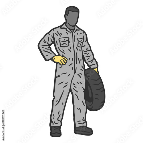 Man in overalls holding a tire