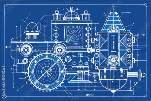 Detailed vector illustration featuring an intricate mechanical blueprint showcasing a machine design with precise measurements and technical specifications