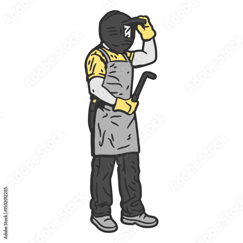 Welder wearing a helmet and gloves