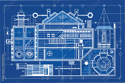 Detailed vector illustration featuring an intricate mechanical blueprint showcasing a machine design with precise measurements and technical specifications
