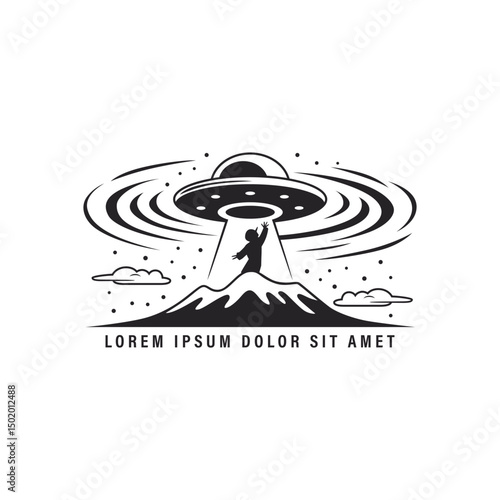 Black and white illustration of an individual reaching for a UFO, with a mountain landscape and cloud details
