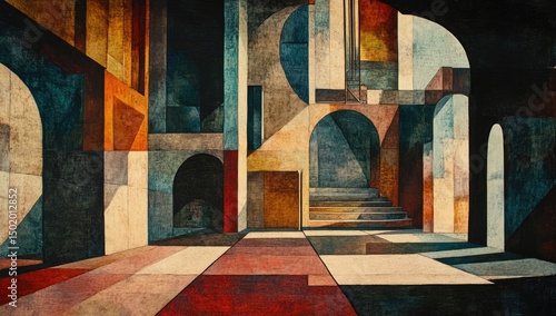 Abstracted architectural space with arches, stairs, and colorful geometric shapes