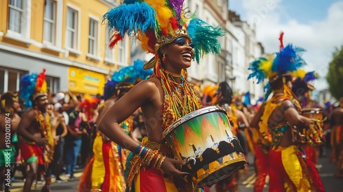 Colorful parade participants celebrating a cultural festival.