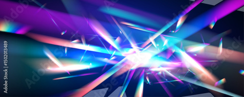 Cool abstract blue holographic background of diagonal stripes in places with blur. PNG Crystal light leak effect for photo overlay. Ethereal Lens rainbow light streak transparent effect.	
