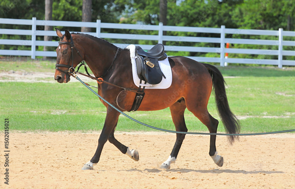 Riderless Saddled Horse With A Lead On A Sandy Track Riderless Saddled Horse With A Lead On A Sandy Track