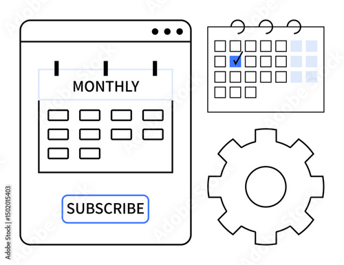 Calendar with monthly plan layout, checkmark indicating task completion, subscribe button, gear icon symbolizing settings. Ideal for subscription management, scheduling, planning, reminders