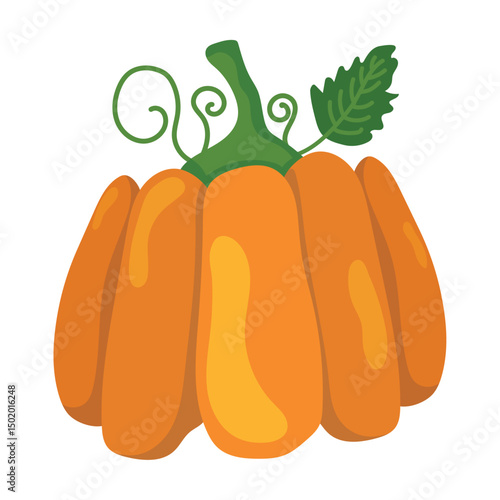Orange pumpkin with leaves. Vector