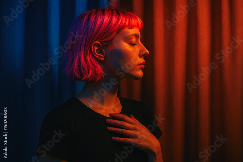 Side profile of woman with bright pink hair and closed eyes in dramatic dual-tone lighting. generative AI
