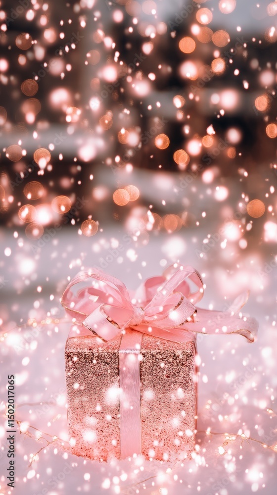 Fototapeta premium Small white gift box with a pink satin bow on a clean white background, studio lighting.