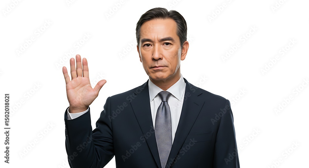 Solemn Asian Man Swearing with One Hand Raised in Gesture of Truth and Honesty Solemn Asian Man Swearing with One Hand Raised in Gesture of Truth and Honesty