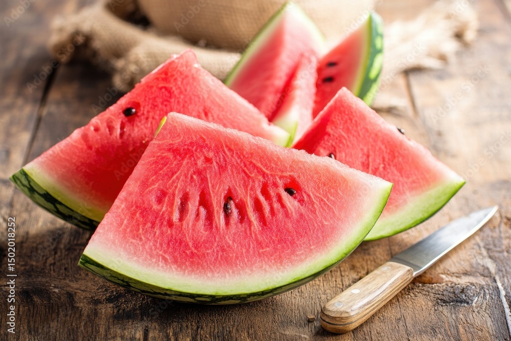Close-up of watermelon slices with knife Close-up of watermelon slices with knife