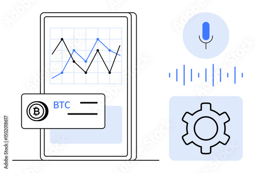 Smartphone displaying data graph with cryptocurrency notification, voice control microphone, waveform, and settings gear. Ideal for fintech, trading, analytics, voice tech, finance app design