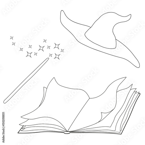 Open magic book, magic wand and witch hat on white background. Cartoon vector illustration for coloring book. Black outline.
